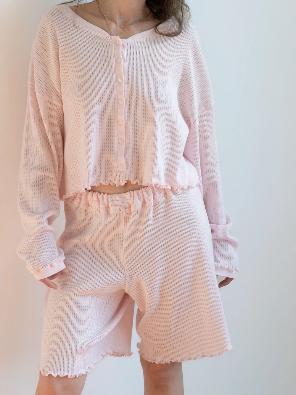 Cute Pink Pointelle Shorts with Elastic Waist, Lettuce Hem, Rosette at waistband